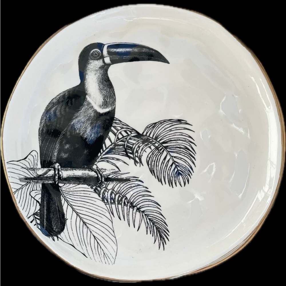 Toucan bird black & white ceramic salad plate gold nwt